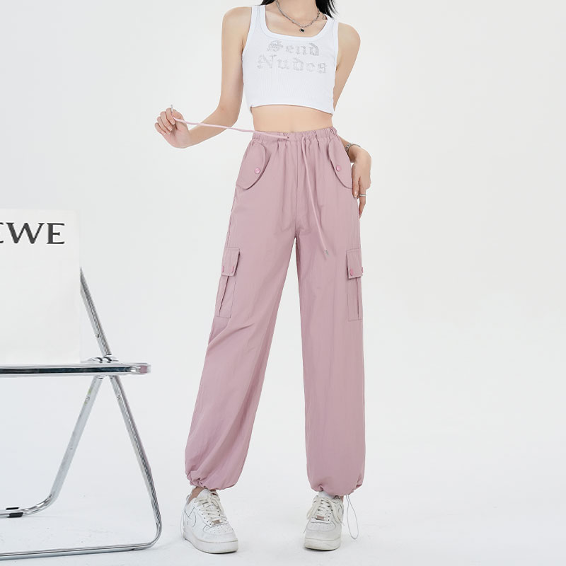 矮小个子粉色工装裤夏季薄款145cm显高高腰束脚速干裤女运动裤女