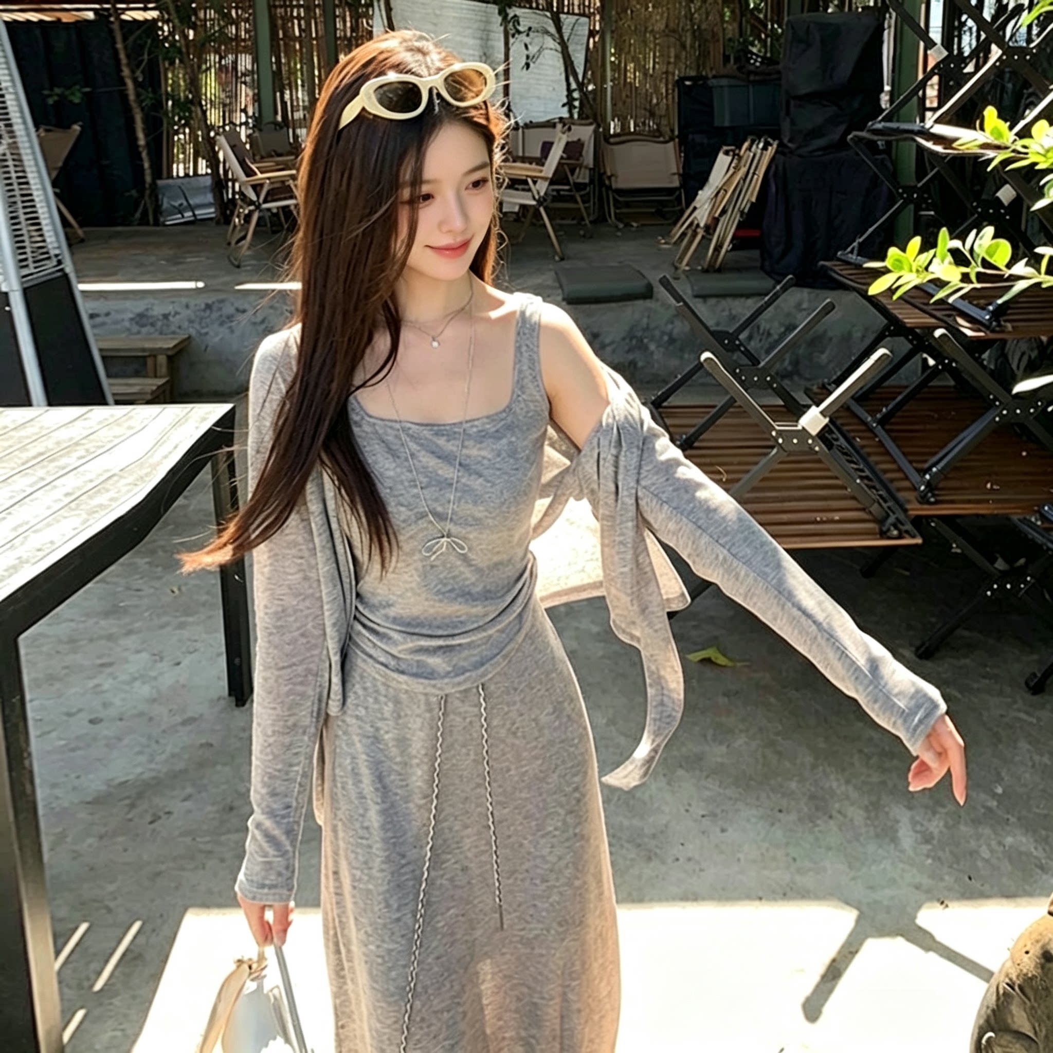 145cm矮小个子设计感套装裙三件套显瘦开衫背心外套抽绳半身裙XS