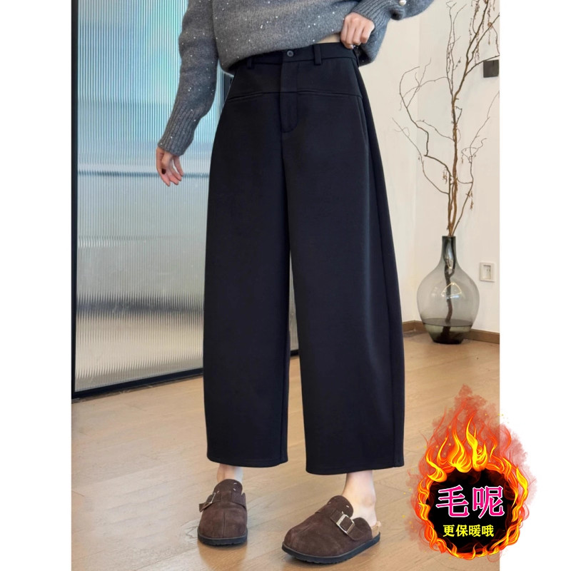 矮小个子黑色毛呢休闲阔腿裤百搭显瘦145CM高腰九分宽松直筒裤XXS