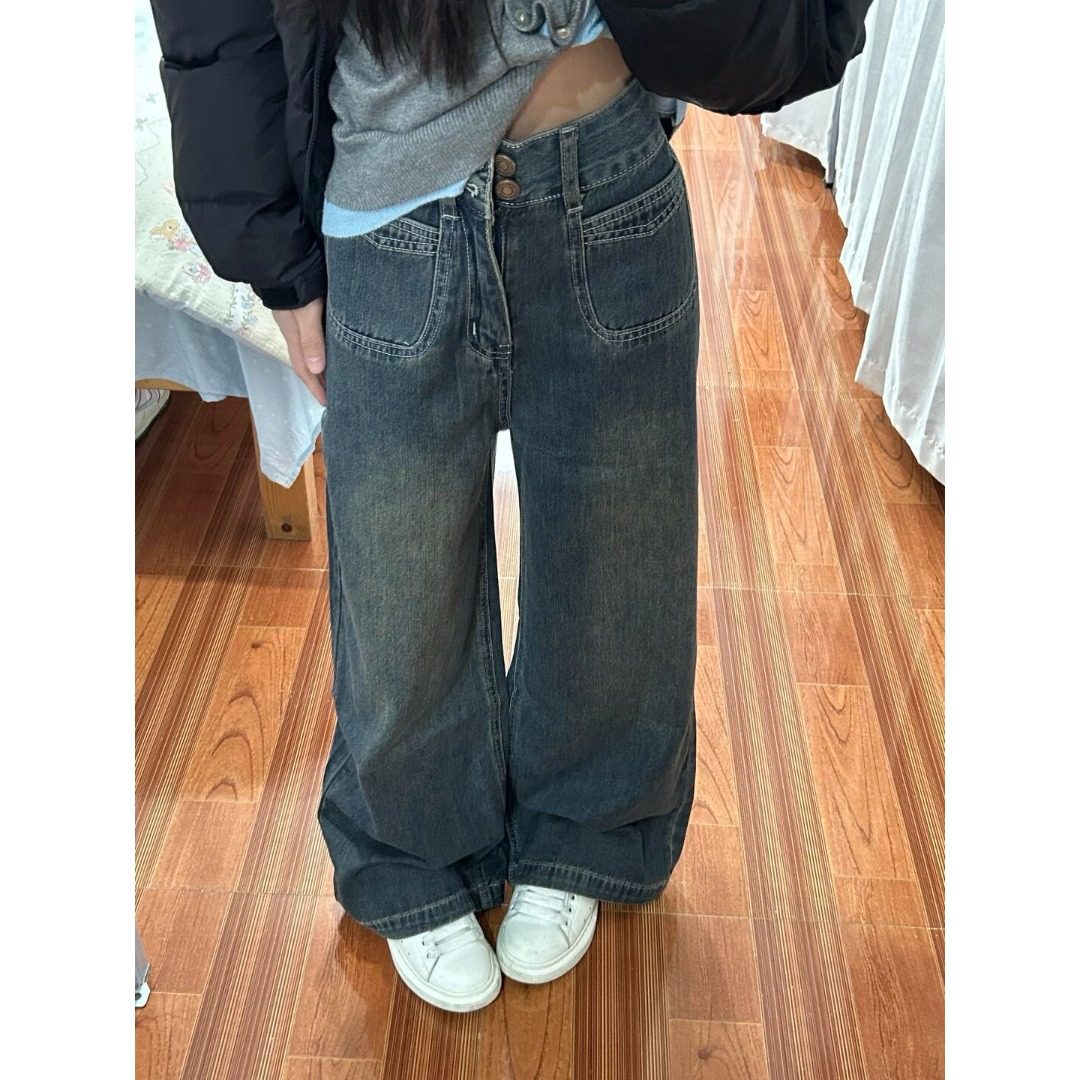 小个子高腰宽松阔腿牛仔裤复古深蓝色145CM显瘦直筒拖地长裤XS女