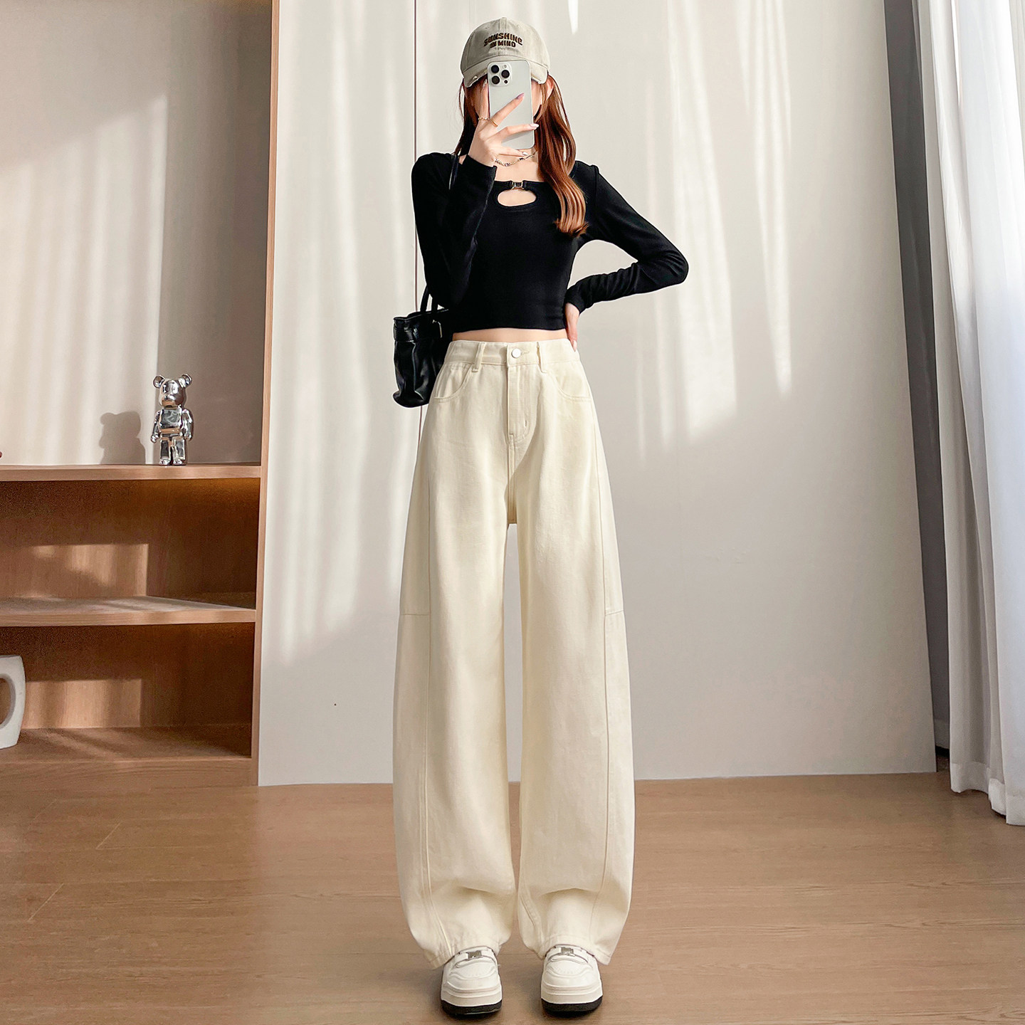 小个子松紧腰宽松阔腿香蕉裤显瘦百搭150高腰宽松复古弯刀牛仔裤