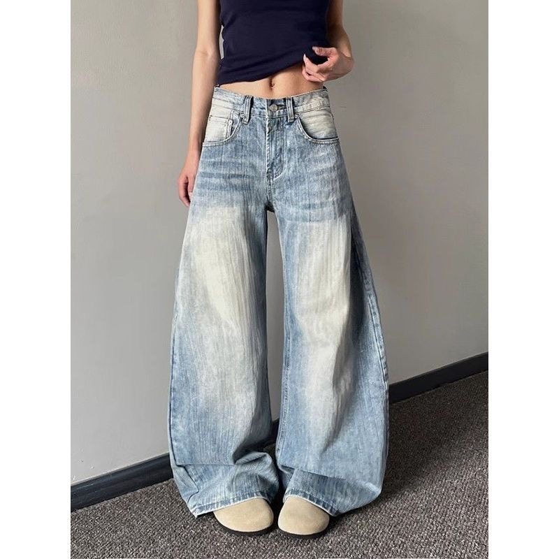 显瘦穿搭小个子水洗弯刀牛仔裤垂感百搭145CM低腰宽松直筒阔腿裤