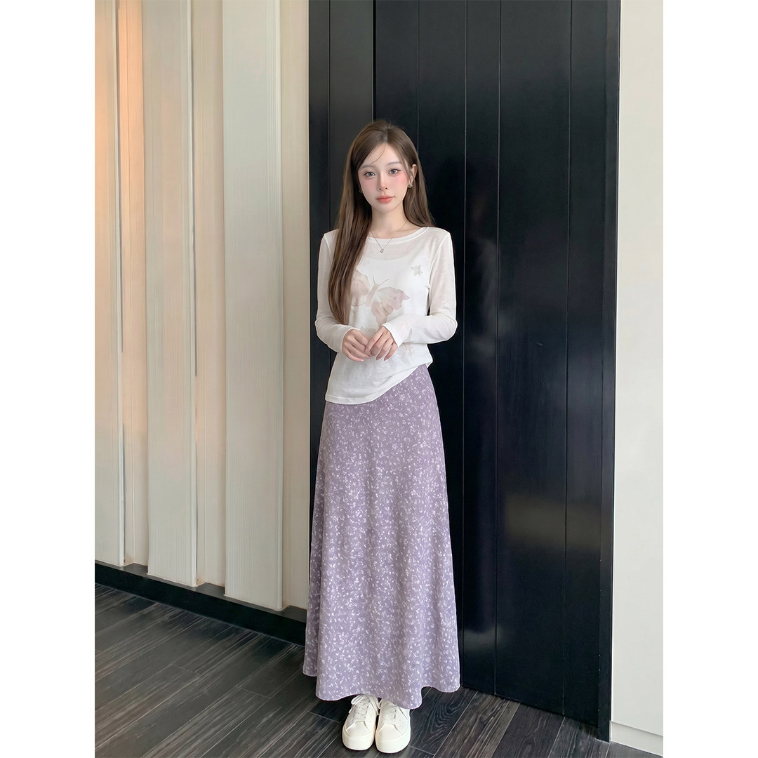 矮小个子秋季淑女两件套长袖上衣150cm显高高腰紫色碎花半身裙XS