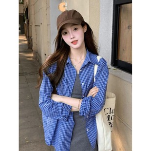 145矮小个子复古蓝色格子衬衫150宽松慵懒学院风衬衣韩系上衣秋xs