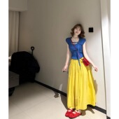 xs女 小矮个子150高级感穿搭蓝色上衣高腰黄色半身裙套装 夏季 新款