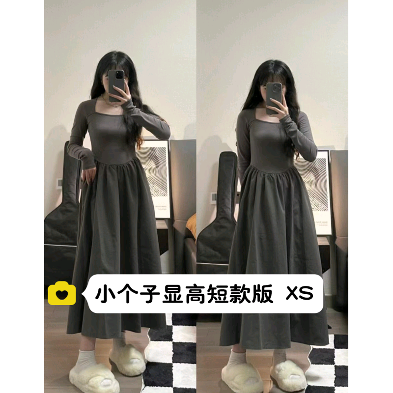 小矮个子显高高级感方领连衣裙女150cm秋冬长袖收腰大摆裙长裙xs