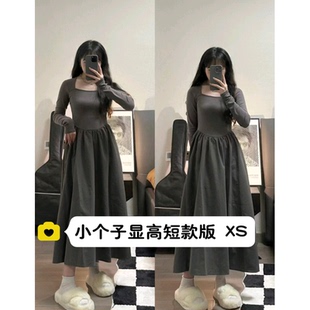 小矮个子显高高级感方领连衣裙女150cm秋冬长袖收腰大摆裙长裙xs