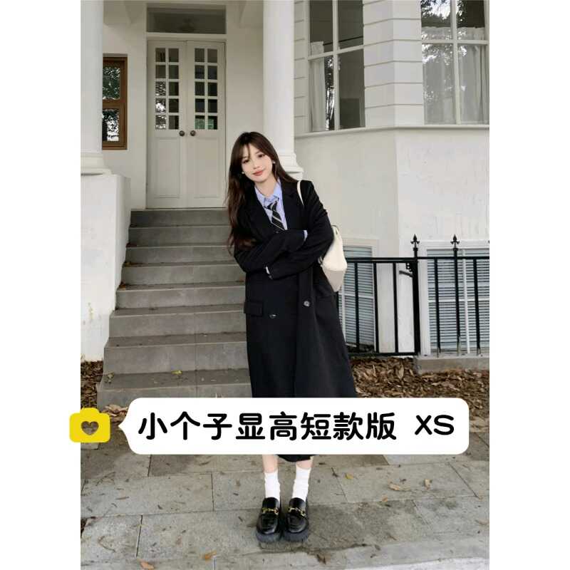 黑色英伦风宽松过膝大衣西装外套