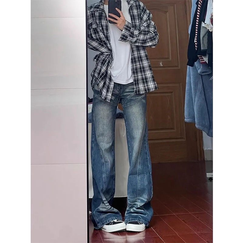 小个子复古显瘦微喇叭牛仔裤设计感150CM低腰宽松直筒阔腿长裤XS