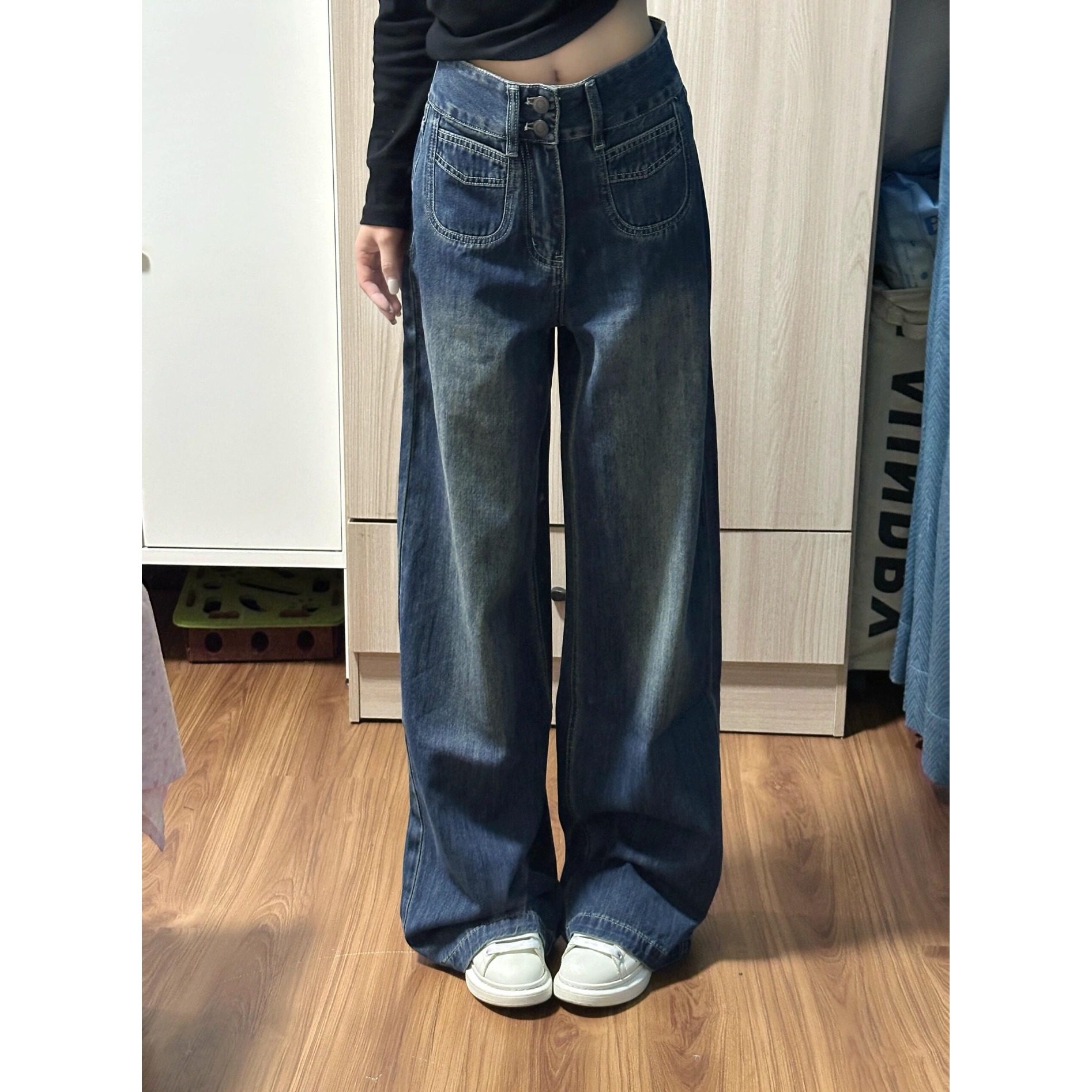 小个子复古深蓝色宽松阔腿牛仔裤百搭150CM高腰显瘦直筒拖地长裤