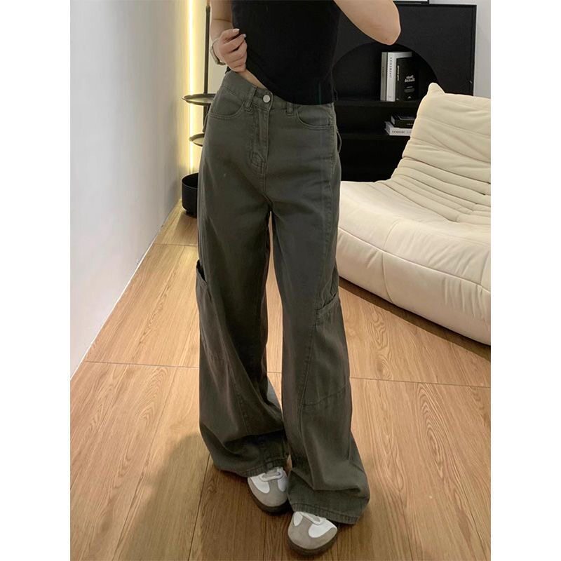 夏季新款小个子美式灰色微喇阔腿工装裤高腰宽松显瘦直筒牛仔裤XS