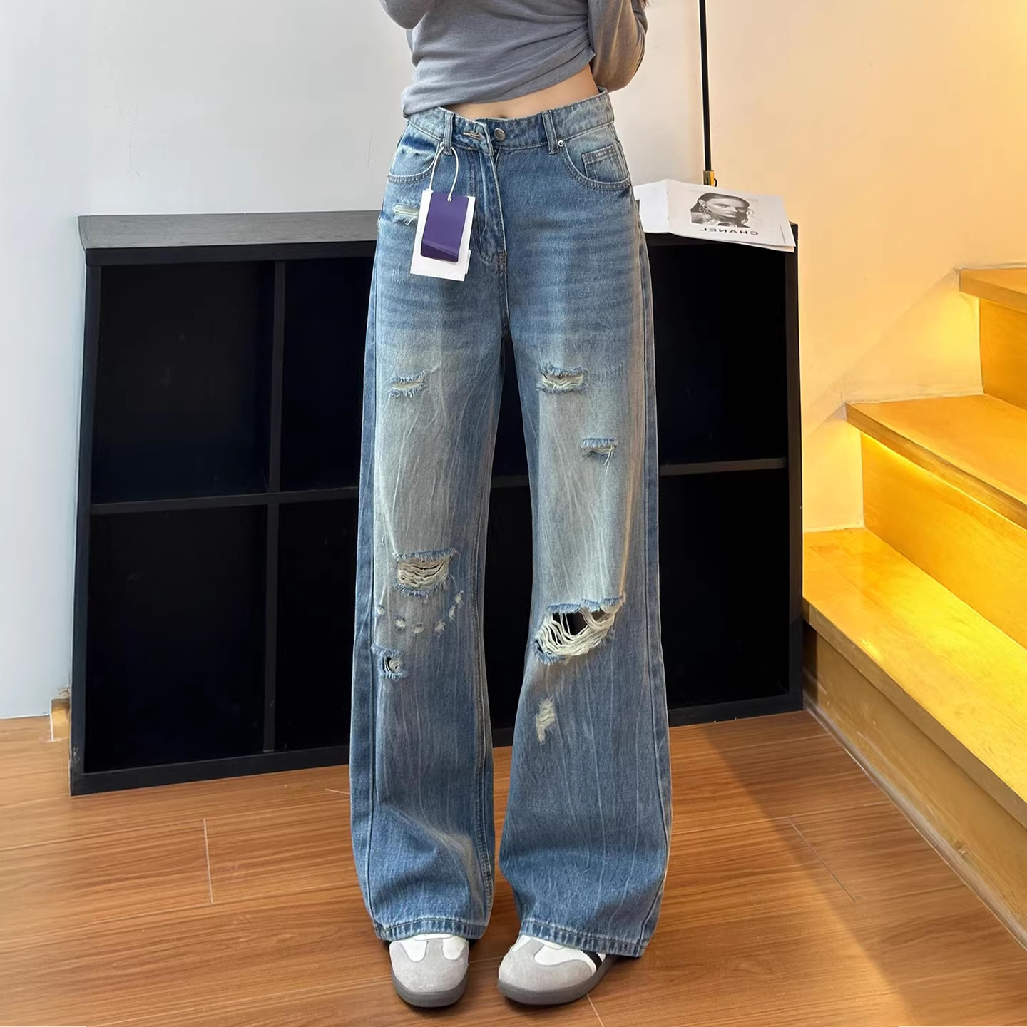小个子美式破洞阔腿牛仔裤复古减龄150cm高腰宽松直筒拖地裤xs女
