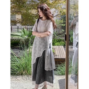 145小个子150不规则短袖中长款镂空蕾丝罩衫叠穿上衣格子半身裙xs