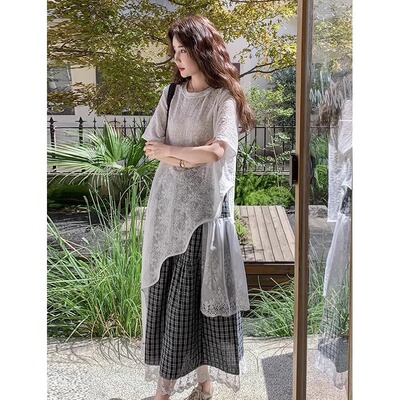 145小个子150不规则短袖中长款镂空蕾丝罩衫叠穿上衣格子半身裙xs