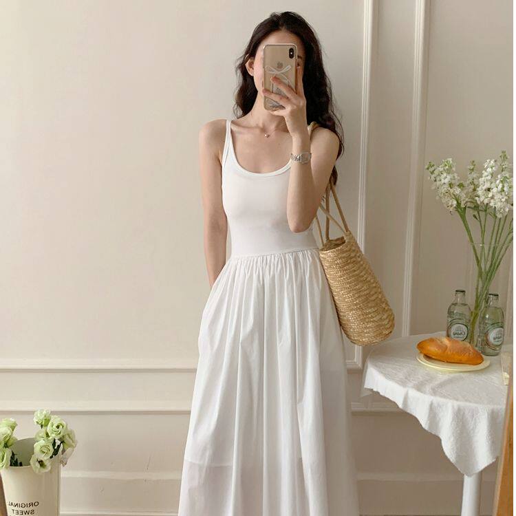 145cm矮小个子法式赫本风小白裙百搭小众设计感纯欲吊带a字连衣裙