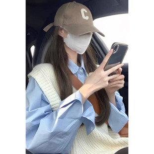 150小个子韩系蓝色纯棉衬衫女2025春季慵懒风宽松外穿长袖上衣xs