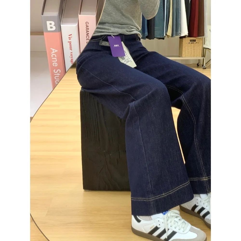 小个子丹宁蓝微喇阔腿牛仔裤百搭145CM显高高腰宽松直筒拖地长裤