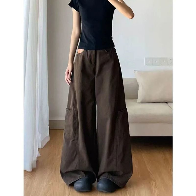 小个子水洗咖色设计感牛仔裤宽松显瘦145CM高腰阔腿工装拖地长裤,女装/女士精品,牛仔裤,淘宝优惠券,粉丝福利购,淘宝优惠卷