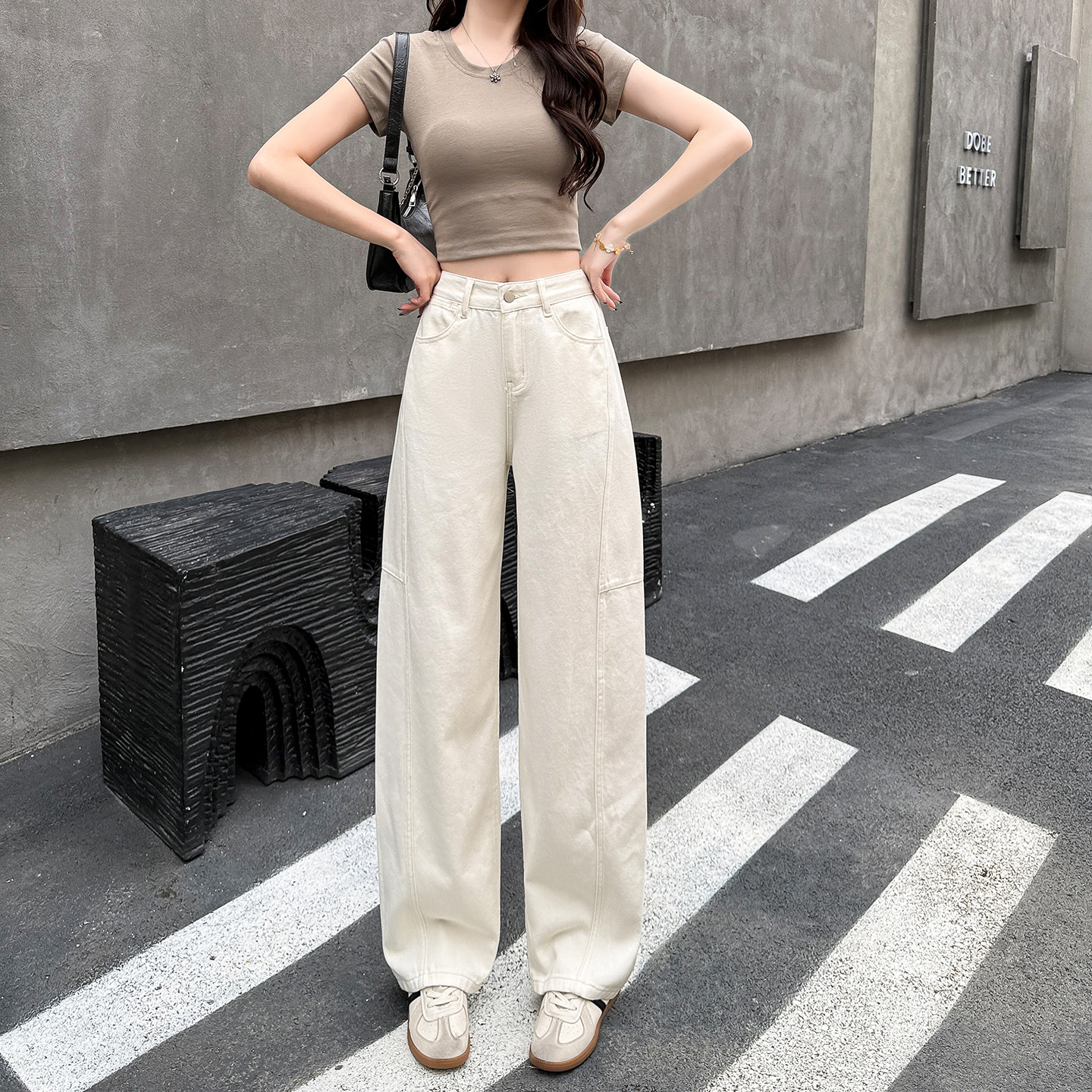 小个子松紧腰阔腿香蕉裤百搭显高150CM高腰宽松复古弯刀牛仔裤XS