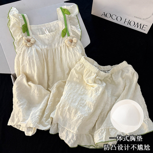 带胸垫睡衣女夏季 性感吊带甜美可爱公主风花边宽松家居服新款 套装