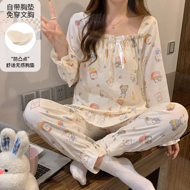 长袖带胸垫睡衣女款春秋季韩版学生甜美网红风卡通家居服两件套装