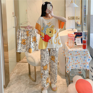 睡衣女夏季 薄款 纯棉2024年新款 长裤 学生家居服可外穿 短袖 三件套装