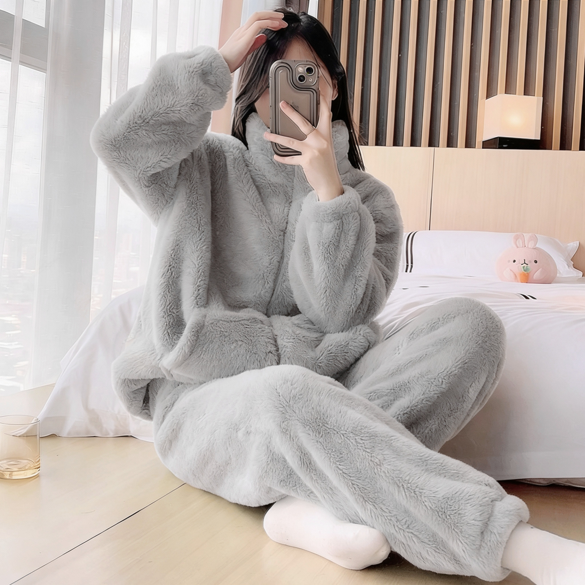 2025冬季新款立领加绒加厚居家服两件套保暖套装韩版学生宽松睡衣