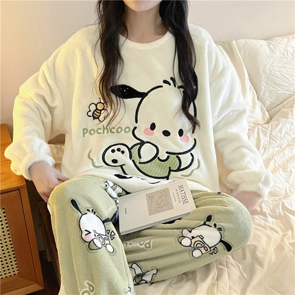 珊瑚绒睡衣女秋冬季加厚加绒2024新款卡通帕恰狗法兰绒家居服套装