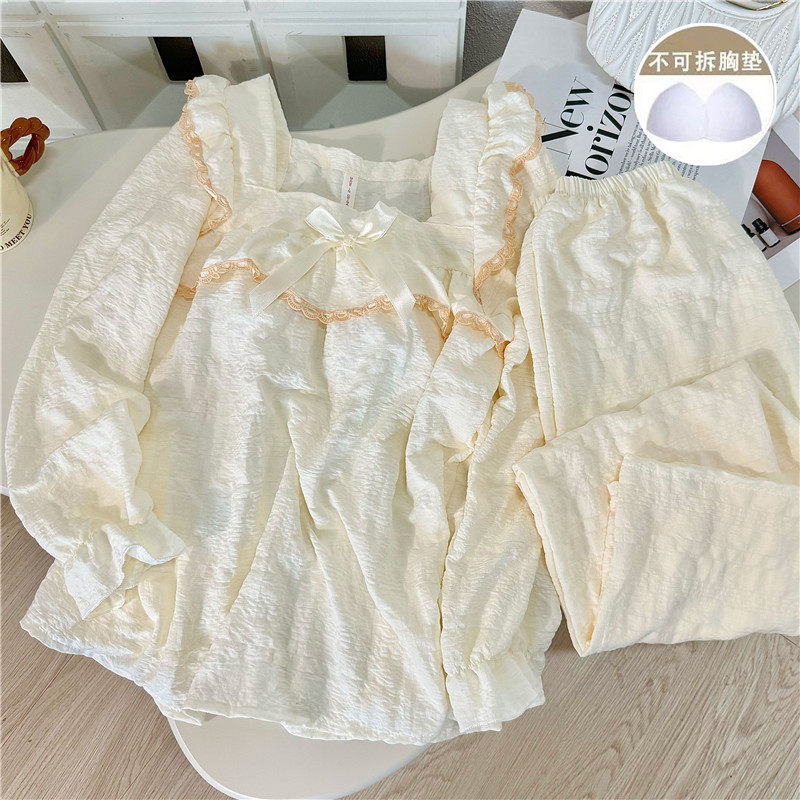 宫廷风睡衣女春秋季带胸垫长袖