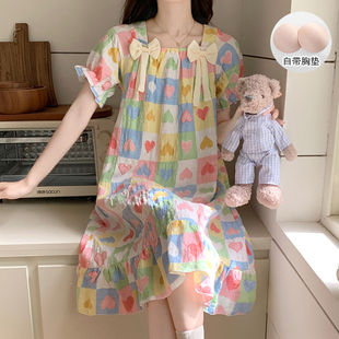 自带胸垫短袖 睡衣夏天学生可爱甜美可外穿家居服 睡裙女夏季 薄款