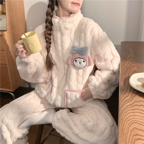 珊瑚绒睡衣少女秋冬季加绒加厚2024新款拉链卡通法兰绒冬天家居服
