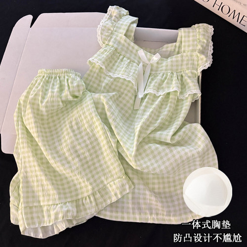 性感吊带短裤睡衣女夏季带胸垫纯棉甜美绿色格子蝴蝶结家居服套装