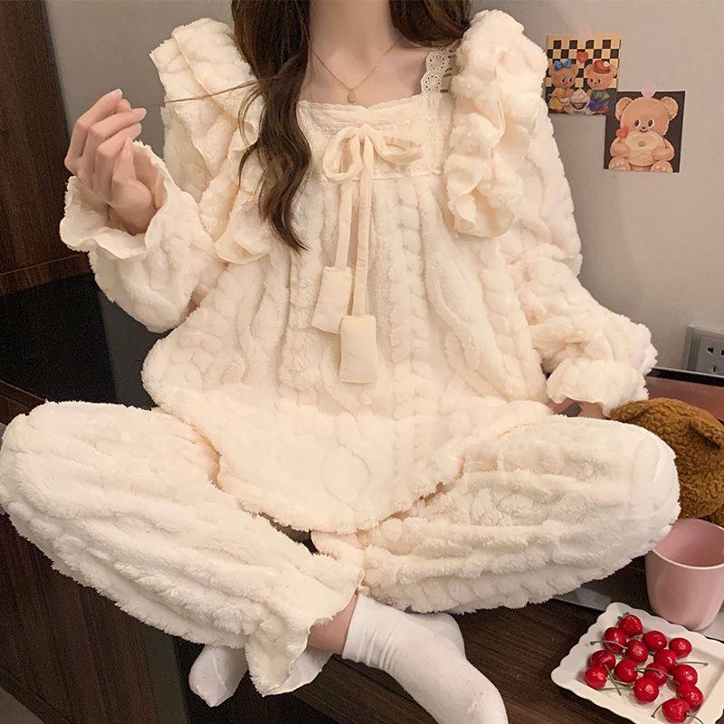 公主风睡衣女款秋冬季加绒加厚保暖珊瑚绒甜美可爱冬天家居服套装