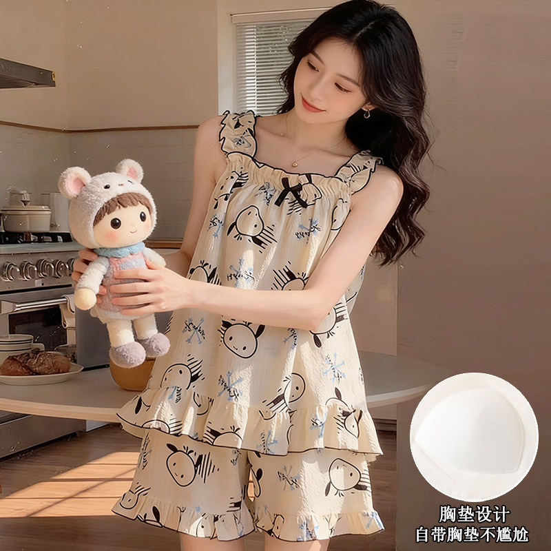 带胸垫睡衣女2026新款夏季卡通可爱学生吊带可外穿睡衣家居服套装