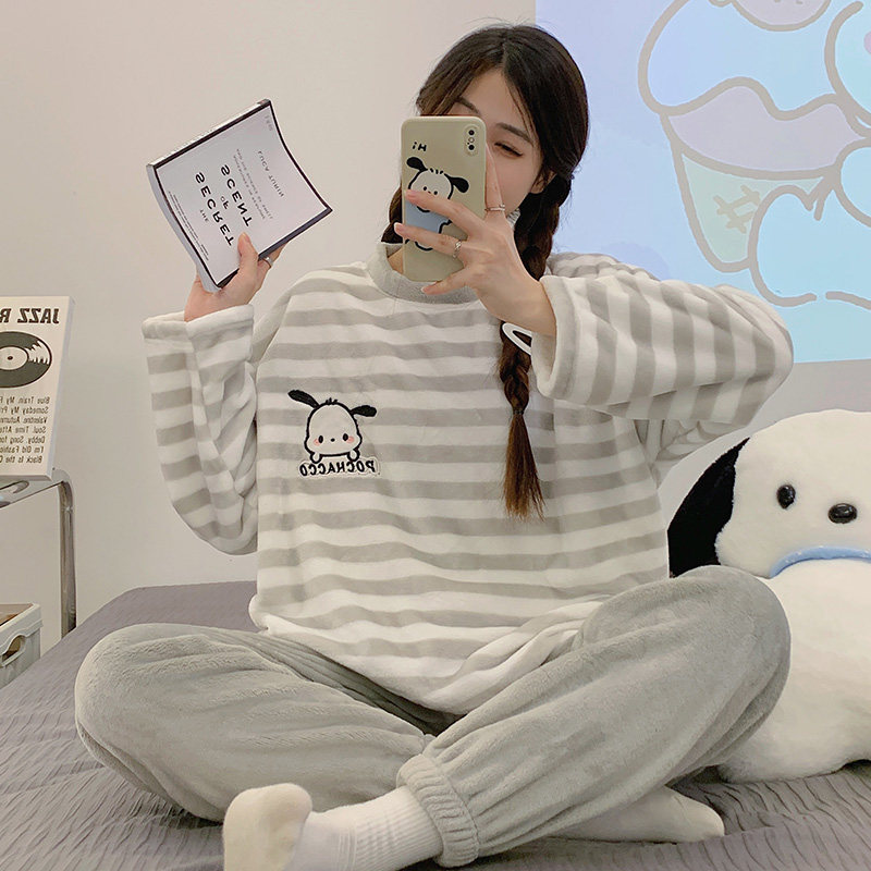 2025新款秋冬季珊瑚绒加绒加厚套装睡衣女学生法兰绒家居服可外穿