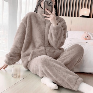 珊瑚绒睡衣女秋冬季加绒加厚法兰绒保暖长袖套装拉链家居服可外穿