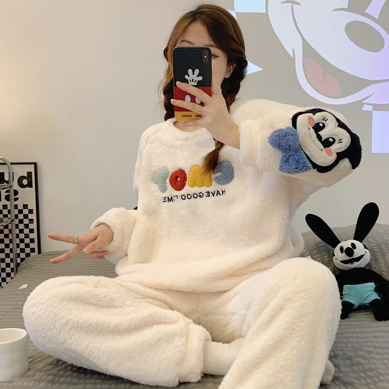 秋冬季睡衣女珊瑚绒加厚网红风学生卡通法兰绒学生保暖家居服套装