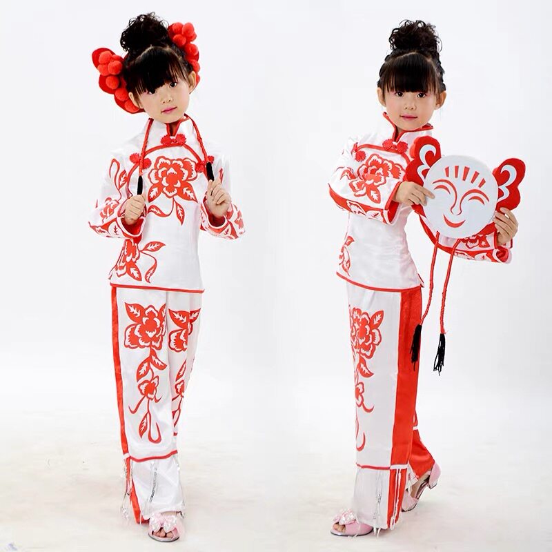 非遗剪纸服装少儿剪纸姑娘喜庆舞蹈服成人开门红服装民族舞服装图片