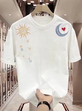 丑爷2025新款美式潮流复古太阳与月亮直喷印花宽松休闲短袖T恤