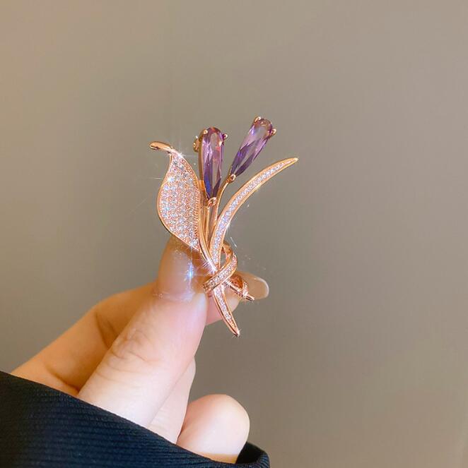 紫色配饰高档真金电镀胸针女式大衣外套别针固定衣服胸花秋冬