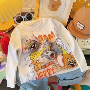 立体猫和老鼠玩偶纯棉长袖T恤男童新款卡通洋气打底春秋儿童上衣