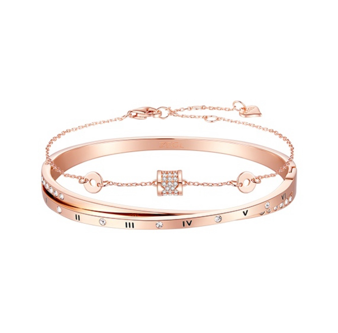 ZEGL罗马数字轻奢气质高级设计叠戴小蛮腰锆石手镯女款玫瑰金＾