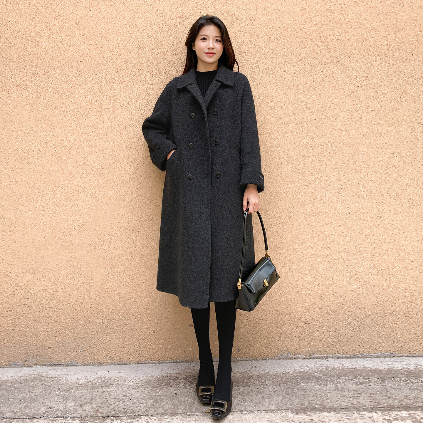 赫本风黑色双面羊绒羊毛大衣外套