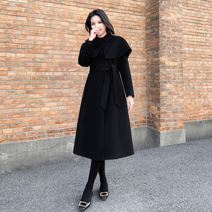 高级感气质黑色双面羊绒大衣女2025新款秋冬斗篷系带羊毛大衣外套