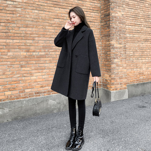 赫本风黑色双面羊绒大衣女秋冬