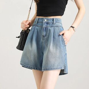 高腰a字宽松小个子不规则五分中裤 2026薄新款 女夏季 开叉牛仔短裤