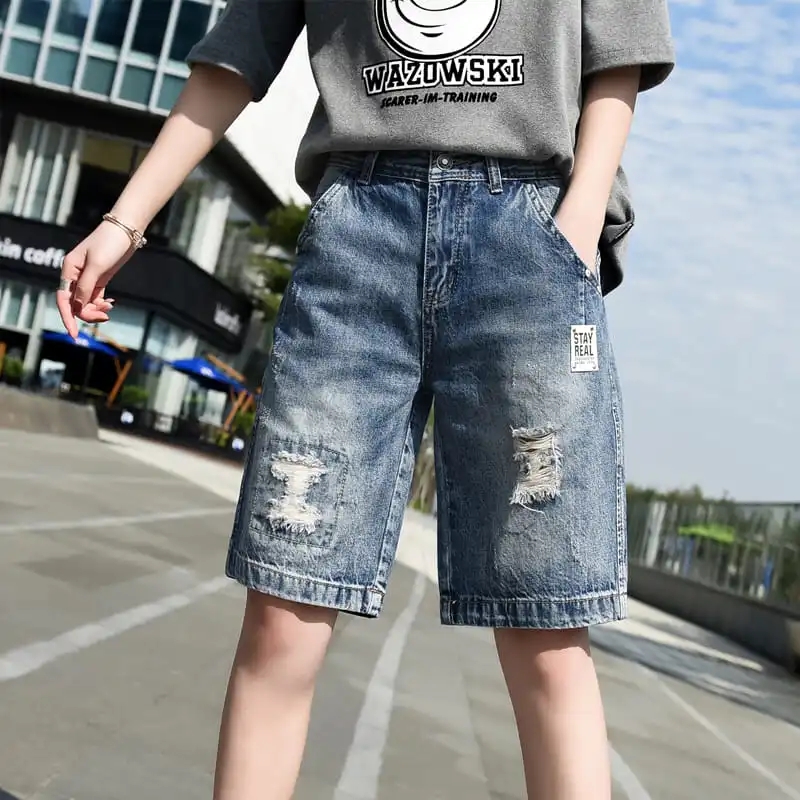 夏季五分裤女直筒软薄牛仔中裤休闲破洞高腰短裤显瘦时尚遮肉热裤