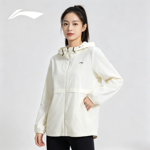 李宁运动风衣女子春季新品健身系列防泼水宽松连帽外套 AFDV686