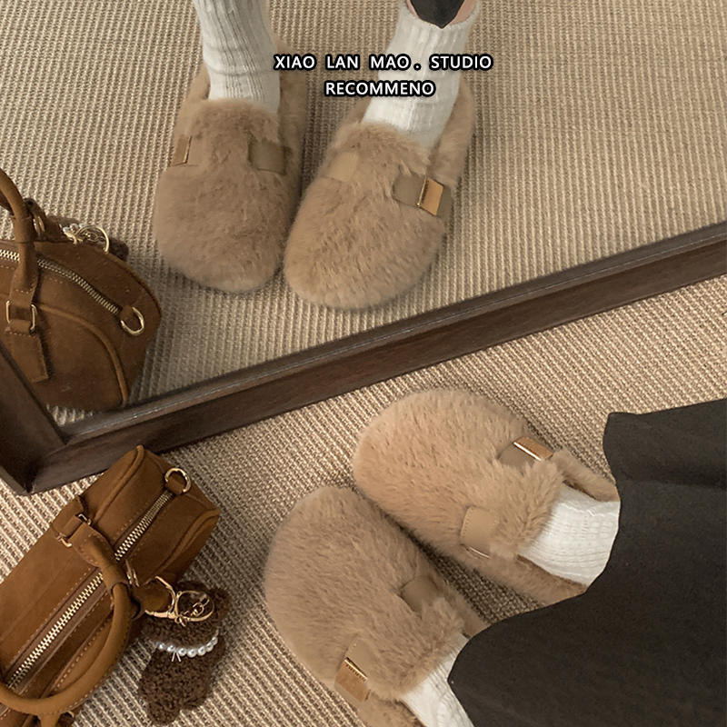 毛绒勃肯鞋女包头棉拖保暖毛毛鞋