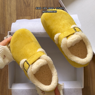 黄色毛毛勃肯鞋女加绒百搭厚底雪地棉鞋包头保暖懒人鞋外穿毛绒鞋